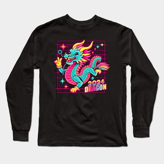 CUTE YEAR OF THE DRAGON 2024 80'S NEON VIBE RETRO Long Sleeve T-Shirt by athirdcreatives